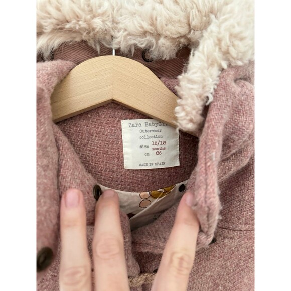 Zara Dusty Pink Lined Coat Jacket Hooded Faux Fur Baby Toddler Girl 12-18m - Picture 3 of 6